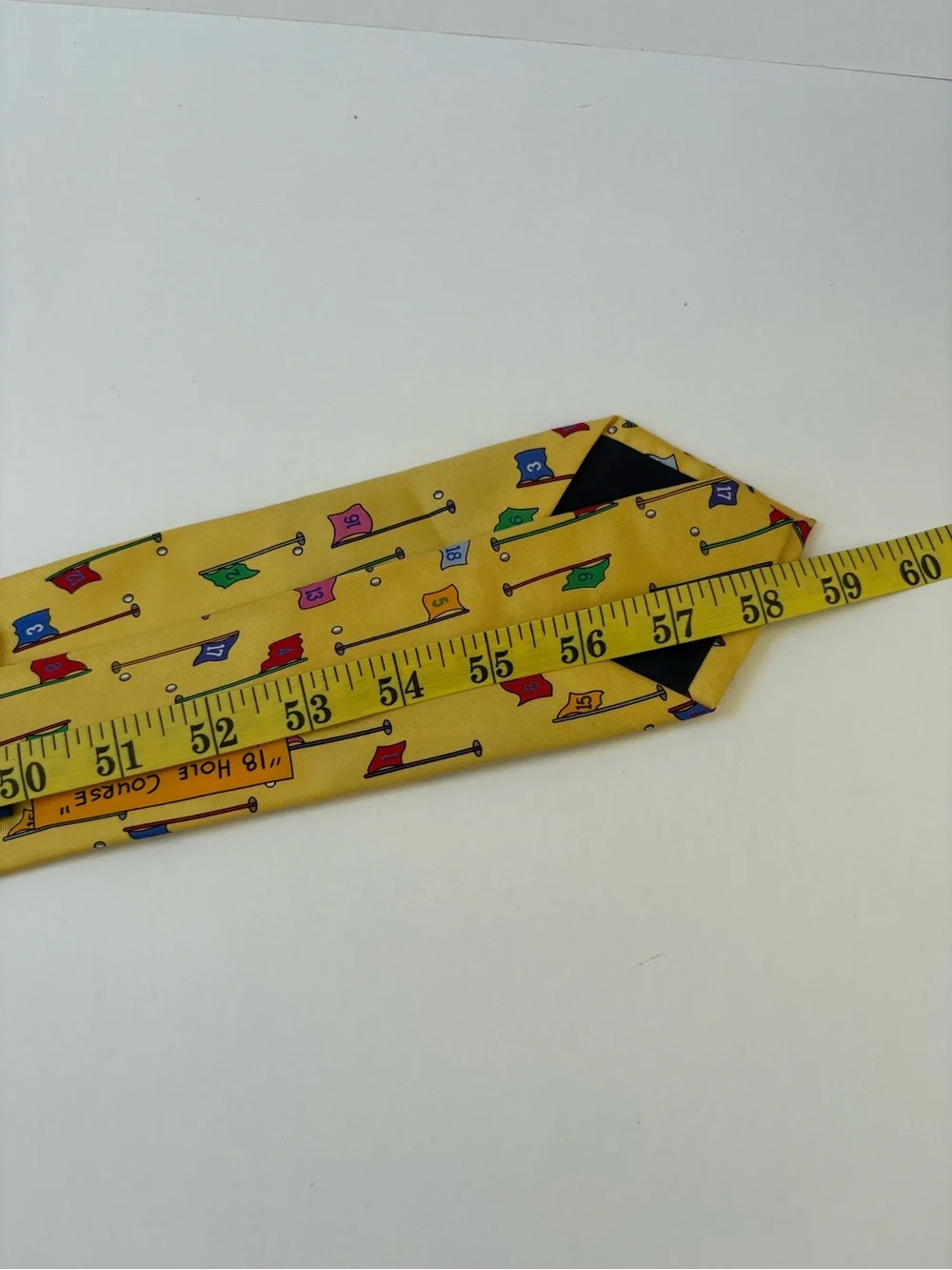 Alynn Neckwear Silk Tie Yellow 18 Hole Course Novelty Print HandMade Gag Golf